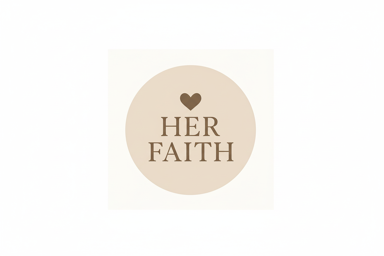 Text 'HER FAITH' with a heart symbol on a beige background